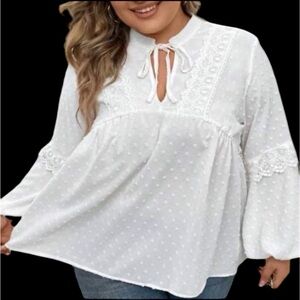 Shein Dot Lace Tie Neck Lantern Sheer Sleeve Blouse Women's Medium White